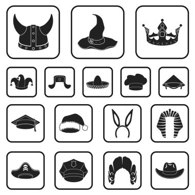 Şapka çeşitleri set koleksiyonu tasarım için simgeler siyah. Headdress vektör simge stok web çizimi.