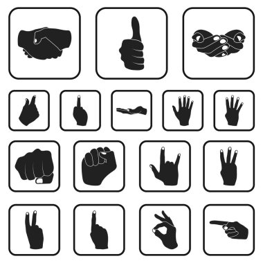 Set koleksiyonu tasarım için el jest siyah simgeler. Palmiye ve parmak sembol stok web illüstrasyon vektör.
