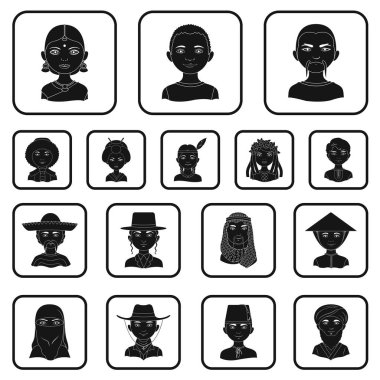 Set koleksiyonu tasarım için insan ırkının siyah simgeler. İnsanlar ve milliyet sembolü hisse senedi web illüstrasyon vektör.