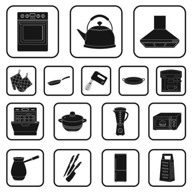 Set koleksiyonu tasarım için mutfak ekipman siyah simgeler. Sembol stok web illüstrasyon vektör mutfak ve aksesuarları.
