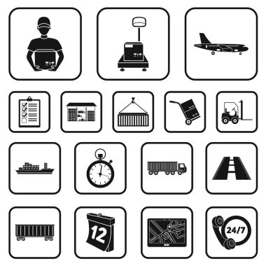 Lojistik hizmet set koleksiyonu tasarım için siyah simgeler. Lojistik ve ekipman sembol stok web illüstrasyon vektör.