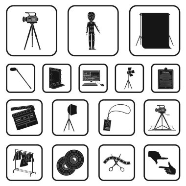 Bir film siyah simgeler set koleksiyonu tasarım için yapma. Öznitelikleri ve ekipman sembol stok web illüstrasyon vektör.