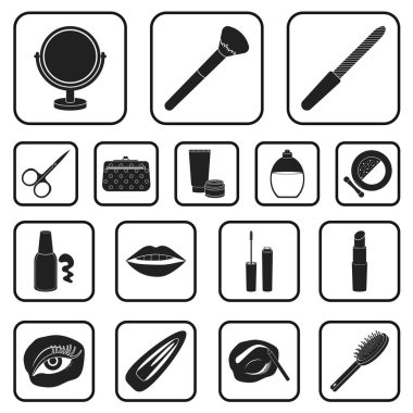 Set koleksiyonu tasarım için simgeler siyah makyaj ve kozmetik. Makyaj ve ekipman sembol stok web illüstrasyon vektör.