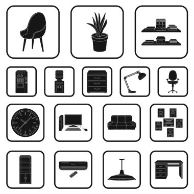 Set koleksiyonu tasarım için işyeri siyah simgeler iç. Ofis mobilya vektör simge stok web çizim.
