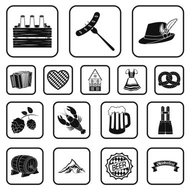 Münih siyah Icons set koleksiyonu tasarım için Ekim Festivali. Gelenek ve eğlenceli sembol stok web illüstrasyon vektör.
