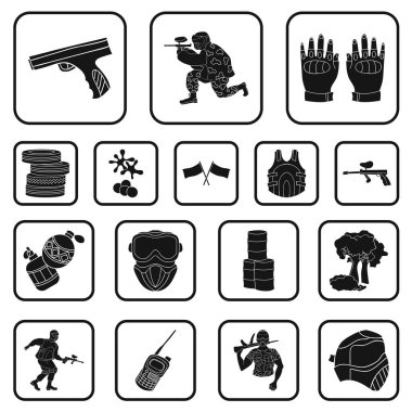Paintball takım set koleksiyonu tasarım için oyun siyah simgeler. Ekipman ve kıyafet sembol stok web illüstrasyon vektör.