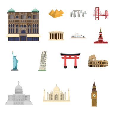 Farklı ülkelerin sights set koleksiyonu tasarım için simgeleri karikatür. Ünlü bina sembol stok web illüstrasyon vektör.