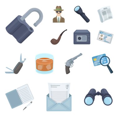 Dedektif ve öznitelikleri set koleksiyonu tasarım için simgeleri karikatür. Dedektif ajansı vektör simge stok web çizim.