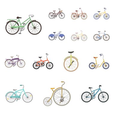 Çeşitli Bisiklet set koleksiyonu tasarım için simgeleri karikatür. Ulaşım vektör simge stok web örnek tür.