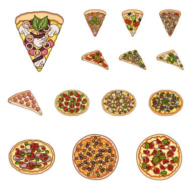 Set koleksiyonu tasarım için farklı pizza karikatür simgeler. Pizza yemek vektör simge stok web çizim.