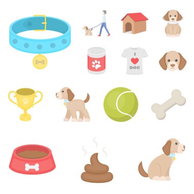 Köpek karikatür simgeleri set koleksiyonu tasarım için evde beslenen hayvan. Köpek yavrusu vektör simge stok web çizim için bakım.