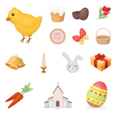 Paskalya set koleksiyonu tasarım için bir Hıristiyan tatil karikatür simgeleri olduğunu. Paskalya öznitelikleri sembol stok web illüstrasyon vektör.