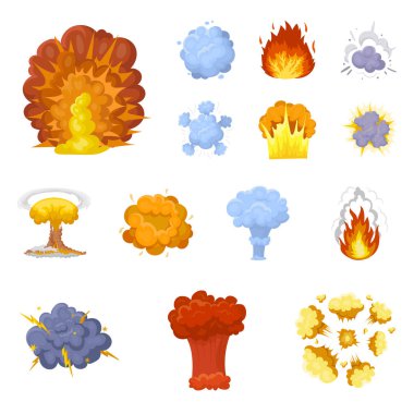 Farklı patlamalar set koleksiyonu tasarım için simgeleri karikatür. Flash ve alev vektör simge stok web çizim.