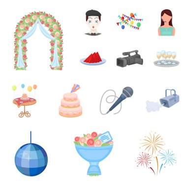 Set koleksiyonu tasarım için olay organizasyon karikatür simgeler. Kutlama ve öznitelikleri sembol stok web illüstrasyon vektör.