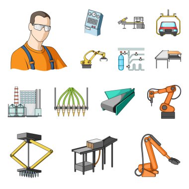Ekipman ve makine karikatür simgeleri set koleksiyonu tasarım için. Fabrika vektör simge stok web çizim teknik ilerleme.