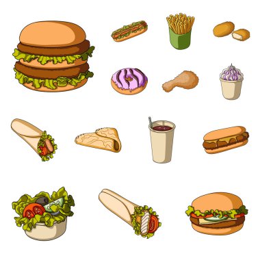 Fast food çizgi film set koleksiyonu tasarım için simgeler. Yarı bitmiş ürünler gıdalardan sembol stok web illüstrasyon vektör.