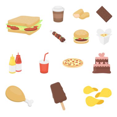 Fast food çizgi film set koleksiyonu tasarım için simgeler. Yarı bitmiş ürünler gıdalardan sembol stok web illüstrasyon vektör.