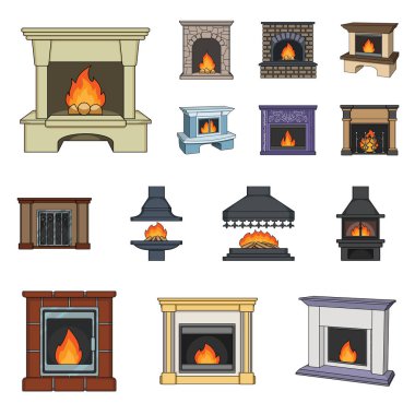 Şömine çeşitleri set koleksiyonu tasarım için simgeleri karikatür. Şömineler inşaat vektör simge stok web çizimi.