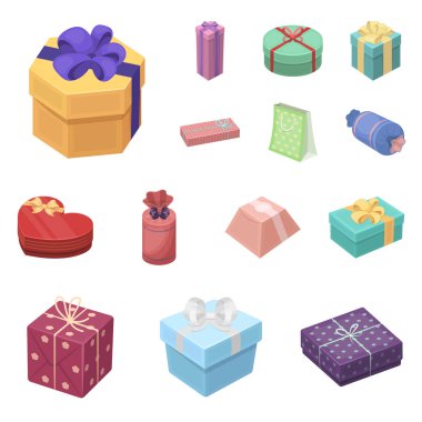 Hediye ve set koleksiyonu tasarım için karikatür simgeleri ambalaj. Renkli ambalaj sembol stok web illüstrasyon vektör.
