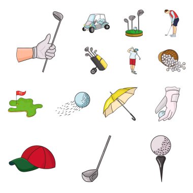 Golf ve öznitelikleri set koleksiyonu tasarım için simgeleri karikatür. Golf Kulübü ve ekipman sembol stok web illüstrasyon vektör.