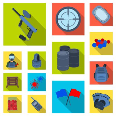 Paintball takım set koleksiyonu tasarım için oyun düz simgeler. Ekipman ve kıyafet sembol stok web illüstrasyon vektör.