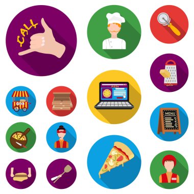 Pizza ve pizza düz simgeler set koleksiyonu tasarım için. Personel ve ekipman sembol stok web illüstrasyon vektör.