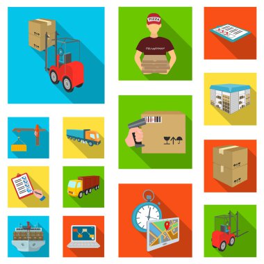 Lojistik ve teslim düz simgeler set koleksiyonu tasarım için. Taşıtlar ve donatımı izometrik vektör simge stok web çizim.
