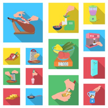 Yemek yemek düz simgeler set koleksiyonu tasarım için. Mutfak, cihazlar ve sembol stok web illüstrasyon vektör.