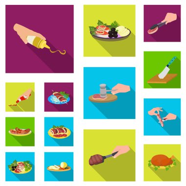 Yemek yemek düz simgeler set koleksiyonu tasarım için. Mutfak, cihazlar ve sembol stok web illüstrasyon vektör.