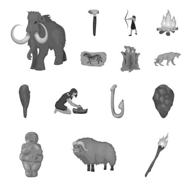 Taş Devri tek renkli simgeler set koleksiyonu tasarım için hayatta. Eski insanlar sembol stok web illüstrasyon vektör.