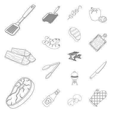 Set koleksiyonu tasarım için Barbekü ve ekipman anahat simgeleri. Piknik ve kızartmaları sembol stok web illüstrasyon vektör.