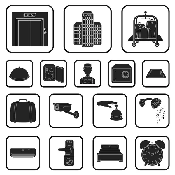 Hotel i sprzęt czarny ikony w kolekcja zestaw do projektowania. Hotel i komfort ilustracja web akcji symbol wektor. — Wektor stockowy