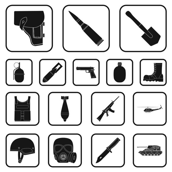 Army and armament black icons in set collection for design. Weapons and equipment vector symbol stock web illustration.