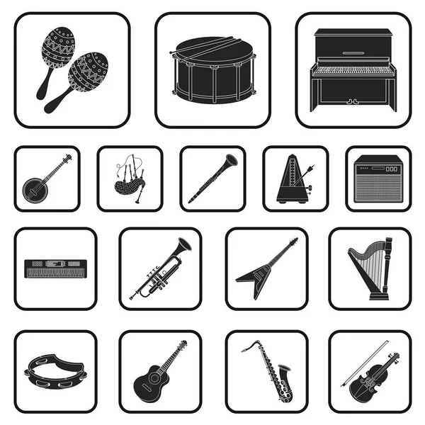 디자인에 대 한 설정된 컬렉션에 악기 블랙 아이콘. 문자열 및 관악기 벡터 기호 재고 웹 일러스트 레이 션. — 스톡 벡터