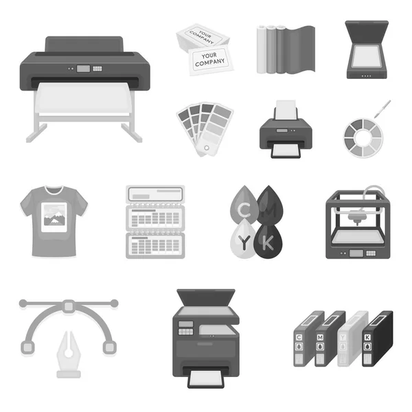 Typografische producten zwart-wit pictogrammen in set collectie voor design. Afdrukken en apparatuur vector symbool voorraad web illustratie. — Stockvector