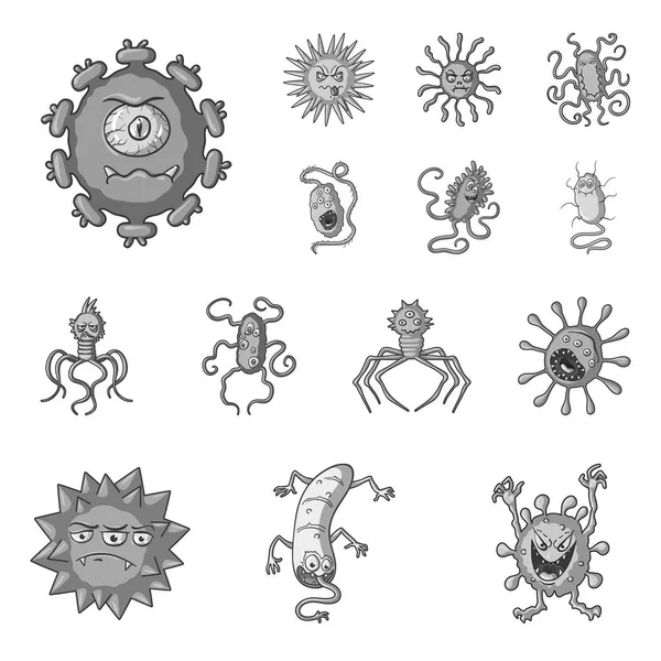 Tipos de micróbios engraçados ícones monocromáticos na coleção de conjuntos para design. Ilustração patogênica da teia do estoque do símbolo do vetor dos micróbios . — Vetor de Stock