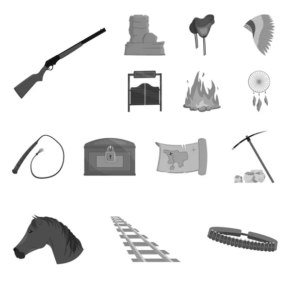 Atributy divokého západu černobílých ikon v kolekce sady pro design. Texas a americké vektorové ilustrace symbolů akcií web. — Stockový vektor