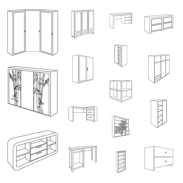 Ícones de contorno de mobiliário de quarto na coleção de conjuntos para design. Mobília de madeira moderna símbolo vetorial isométrico ilustração web estoque . — Vetor de Stock