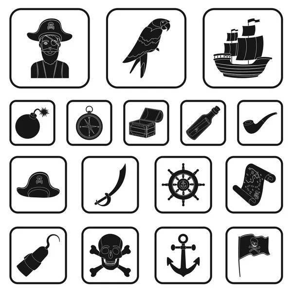 Pirata, ladrão de mar ícones pretos em coleção de conjuntos para design. Tesouros, atributos símbolo vetorial ilustração web . —  Vetores de Stock