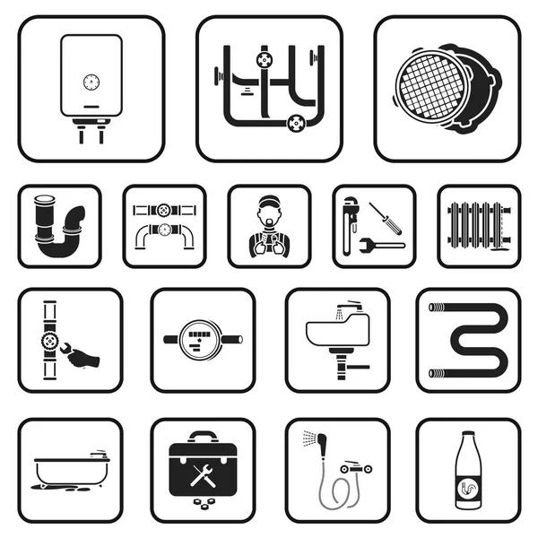 Sanitär, passend schwarze Symbole in Set-Kollektion für Design. Geräte und Werkzeuge Vektor Symbol Stock Web Illustration. — Stockvektor