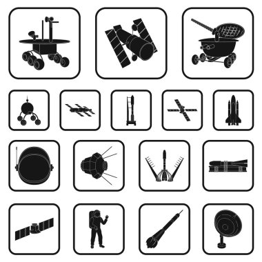 Uzay teknolojisi siyah set koleksiyonu tasarım için simgeler. Sembol stok web illüstrasyon vektör uzay aracı ve ekipman.