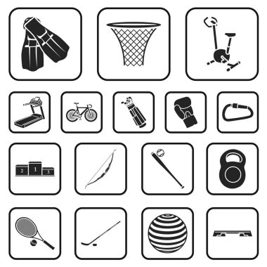 Spor çeşitleri set koleksiyonu tasarım için simgeler siyah. Spor ekipmanları vektör simge stok web çizim.