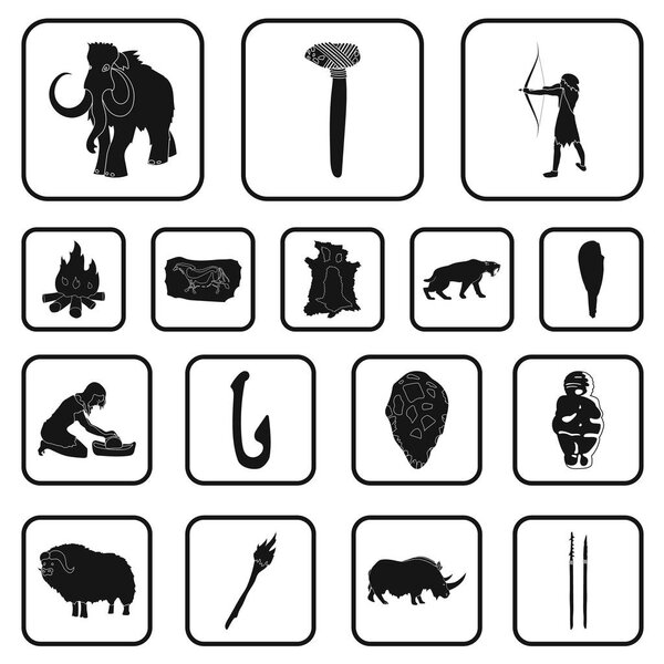 Life in the Stone Age black icons in set collection for design. Ancient people vector symbol stock web illustration.