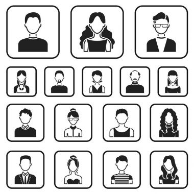 Set koleksiyonu tasarım için simgeler siyah avatar ve yüz. Bir kişi görünümü vektör simge stok web çizim.