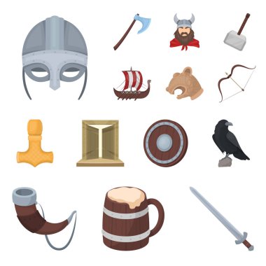 Vikingler ve öznitelikleri set koleksiyonu tasarım için simgeleri karikatür. Eski İskandinav savaşçı vektör simge stok web çizimi.