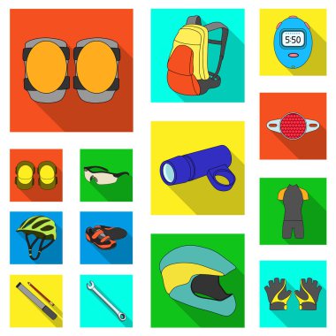 Bisiklet kıyafeti set koleksiyonu tasarım için düz simgeler. Bisiklet ve araç vektör simge stok web çizim.