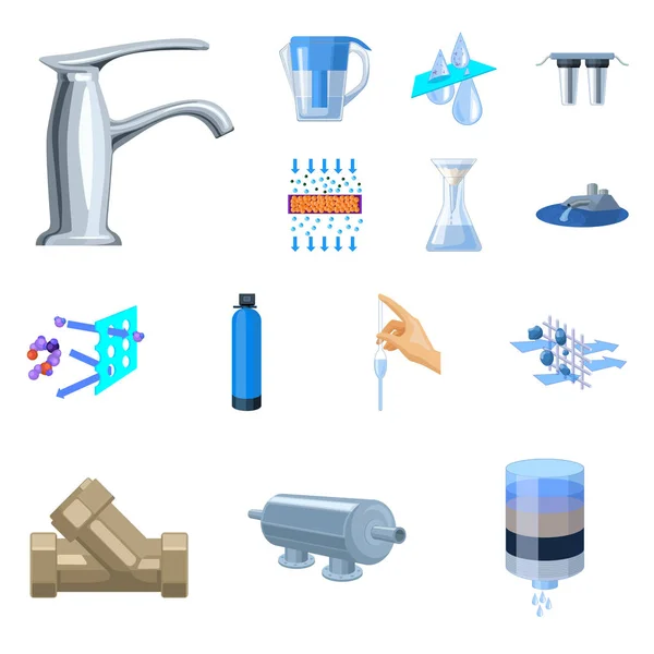 Ícones de desenhos animados do sistema de filtragem de água na coleção de conjuntos para design. Equipamento de limpeza símbolo vetorial ilustração web . — Vetor de Stock
