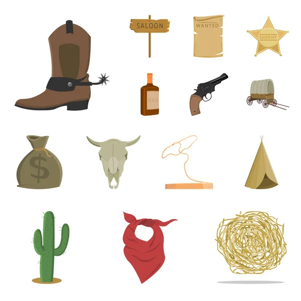 Atrybuty na dzikim zachodzie kreskówka ikony w kolekcja zestaw do projektowania. Texas i Ameryce symbol web czas ilustracja wektorowa. — Wektor stockowy
