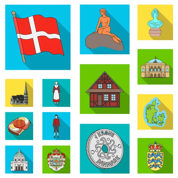 Maa Tanska tasainen kuvakkeet set kokoelma suunnitteluun. Matkailu ja nähtävyydet Tanska vektori symboli varastossa web kuva . — vektorikuva