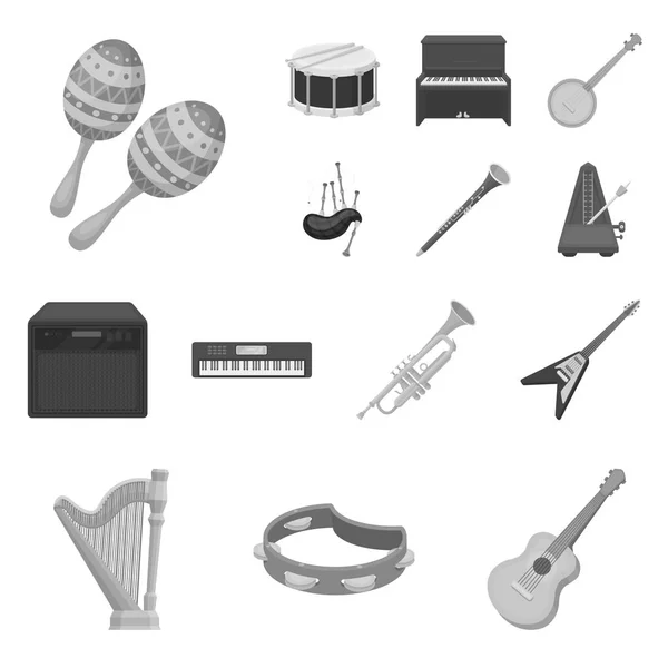 Musikinstrument monochrome Symbole in Set-Kollektion für Design. Saiten- und Blasinstrument-Vektor-Symbol stock web illustration. — Stockvektor